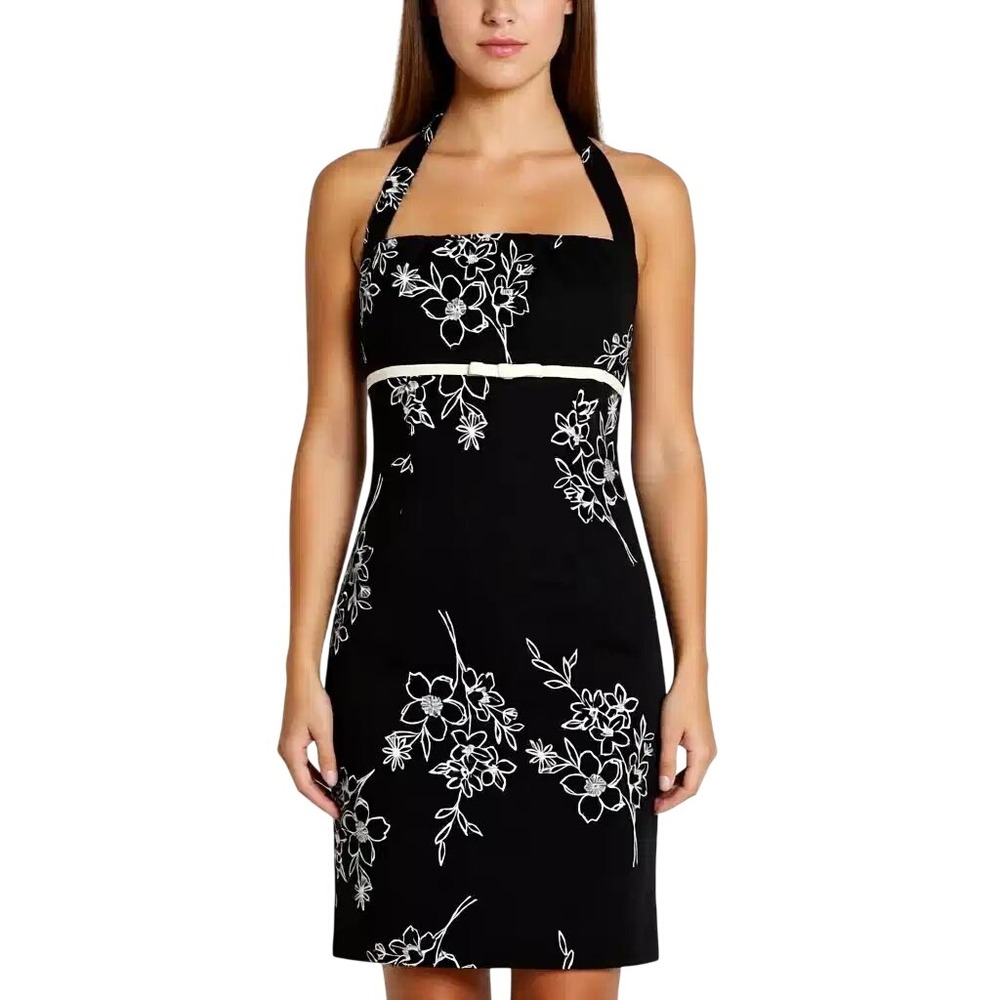 Black White Floral Halter Neck A-Line Dress with Bow Waist Accent‎ Size 10